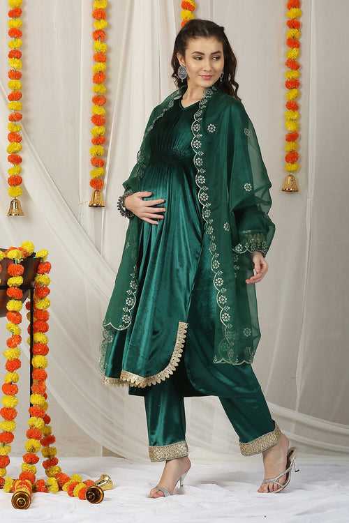 Luxe Classy Emerald Maternity Kurta + Bump Band Bottom + Dupatta (3 Pc)