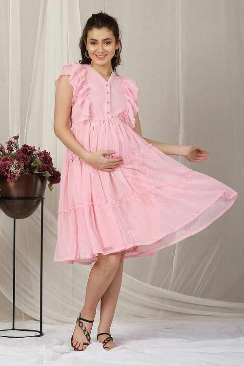 Enduring Baby Pink Maternity & Nursing Flowy Dress