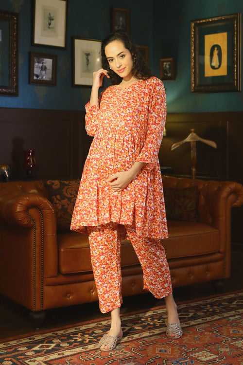 Poppy Red Maternity & Nursing Lounge Coord Set (2Pc)