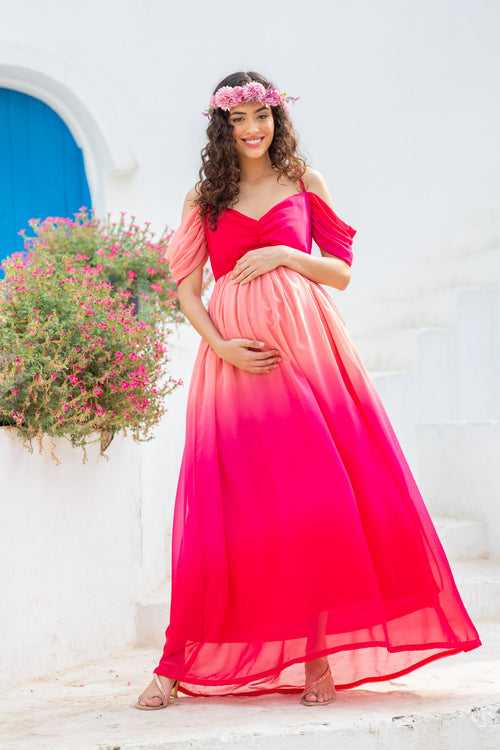 Luxe Graceful Flamingo Off-Shoulder Maternity Photoshoot Gown