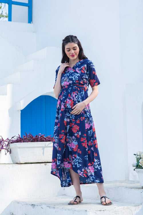 Navy Blue Peony Maternity & Nursing Hi-Low Wrap Dress