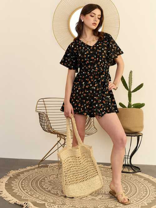 Berrylush Women Black Floral Print V-Neck Short Sleeve Belted Romper Jumpsuit