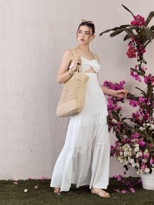 Berrylush Women White Solid Shoulder Straps Sleeveless Maxi Dress