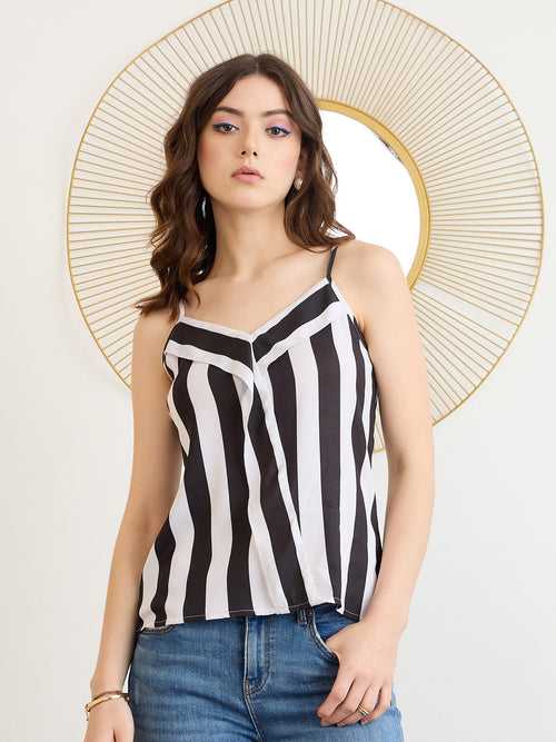 Berrylush Women White Shoulder Straps Sleeveless Stripes Regular Top