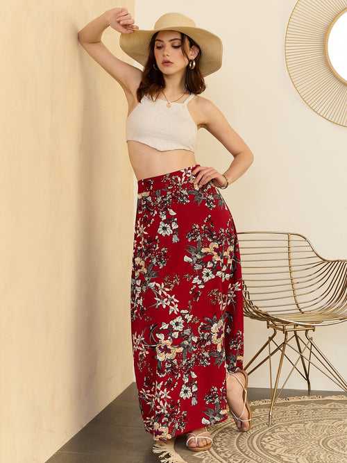 Berrylush Women Maroon Floral Print High Rise A-line Maxi Skirt