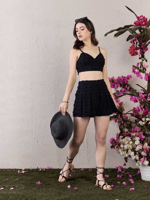 Berrylush Women Black Solid Shoulder Straps Crop Top & Mini Skirt Set