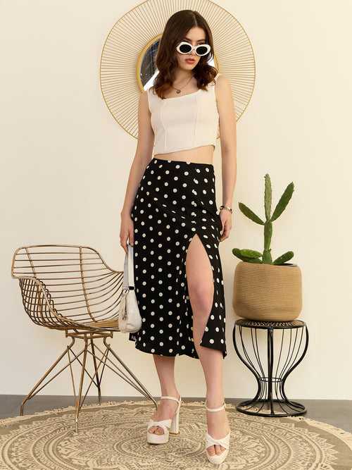 Berrylush Women Black Polka Dots High Rise A-line Midi Skirt