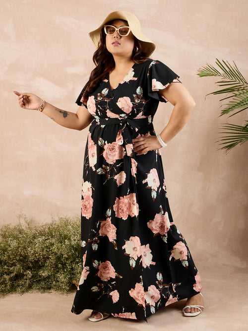 Berrylush Curve Women Black Floral Print V-Neck Belted Maxi Dress