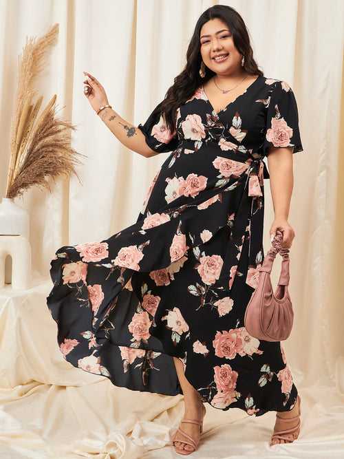 Berrylush Curve Women Black Floral Print V-Neck A-line Maxi Dress
