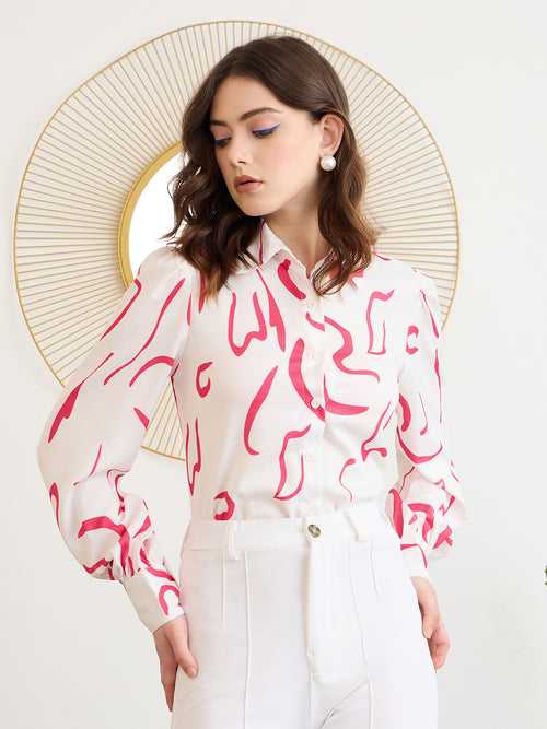 Berrylush BIZwear White Abstract Print Spread Collar Regular Shirt