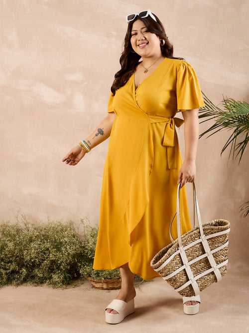 Berrylush Curve Women Yellow Solid V-Neck Wrap Maxi Dress