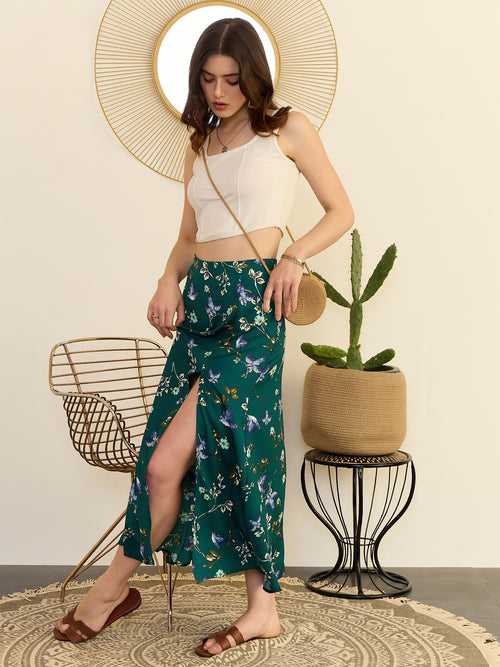 Berrylush Women Green Floral Print High Rise A-Line Midi Skirt