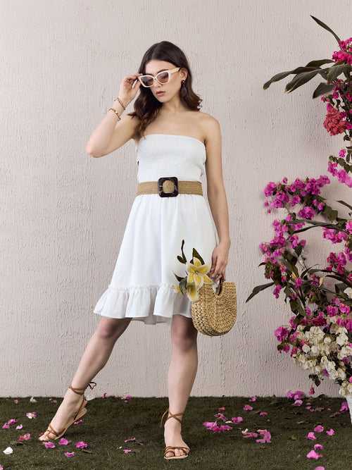 Berrylush Women White Solid Strapless Smocked A-Line Mini Dress