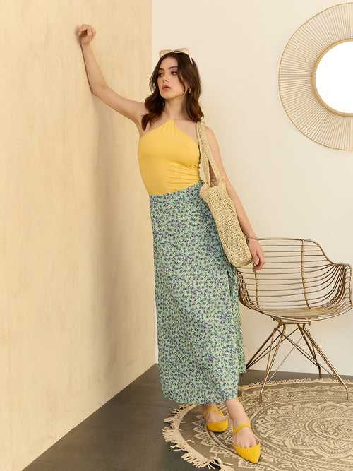 Berrylush Women Green Floral Print High Rise A-Line Maxi Skirt