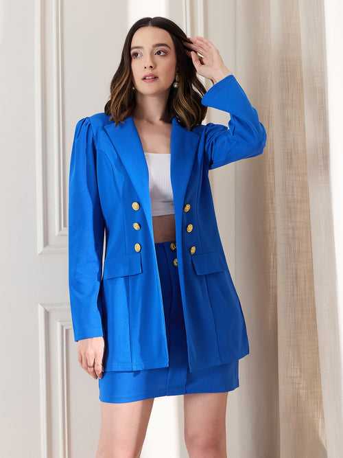 Berrylush BIZwear Women Blue Solid Blazer & High Waist Skirt