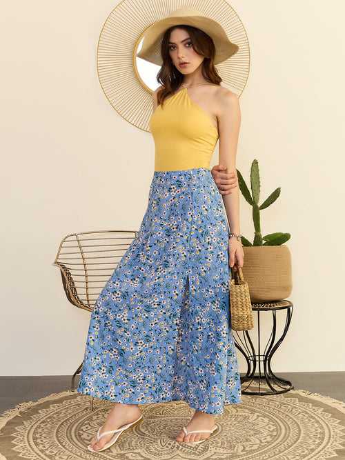 Berrylush Women Blue Floral Print High Rise A-Line Maxi Dress