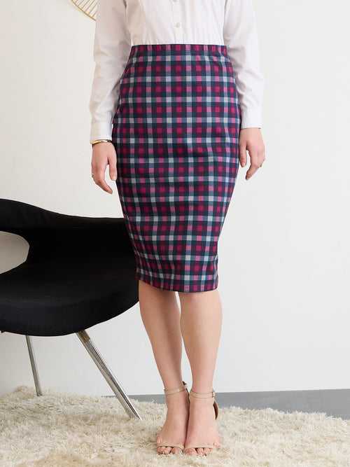 Berrylush BIZwear Women Multi Color Check High Rise Pencil Midi Skirt