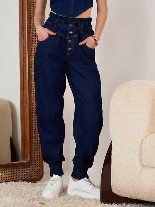 Berrylush Women Navy Blue Solid Denim High Rise Joggers