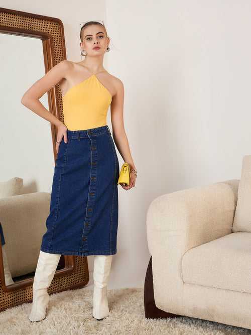 Berrylush Women Blue Solid High Rise Denim Straight Midi Skirt
