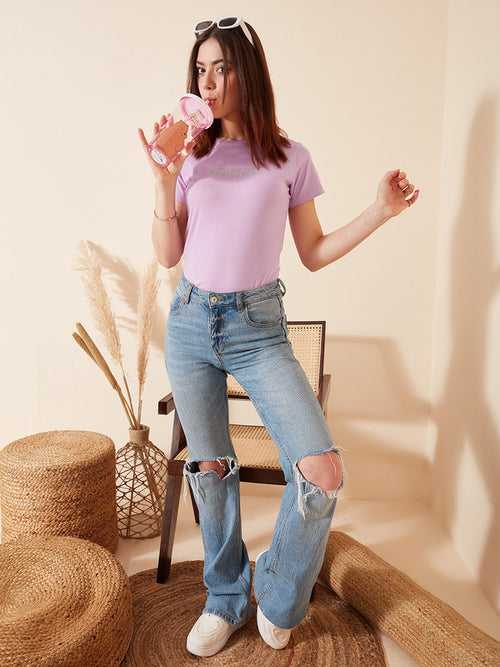 Berrylush Women Purple Solid Round Neck Casual T-shirt