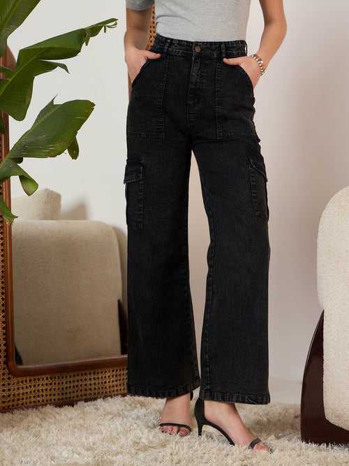 Berrylush Women Black Solid Cotton High Rise Straight jeans