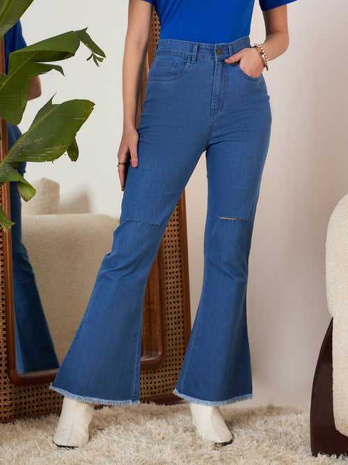 Berrylush Women Blue Solid High Rise Distress Bootcut Jeans