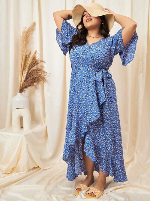 Berrylush Curve Blue Floral Print V-Neck Short Sleeves Wrap Maxi Dress