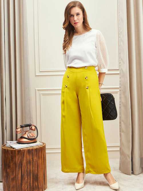 Berrylush BIZwear Women Solid Yellow Button Detail Wide Leg Pants