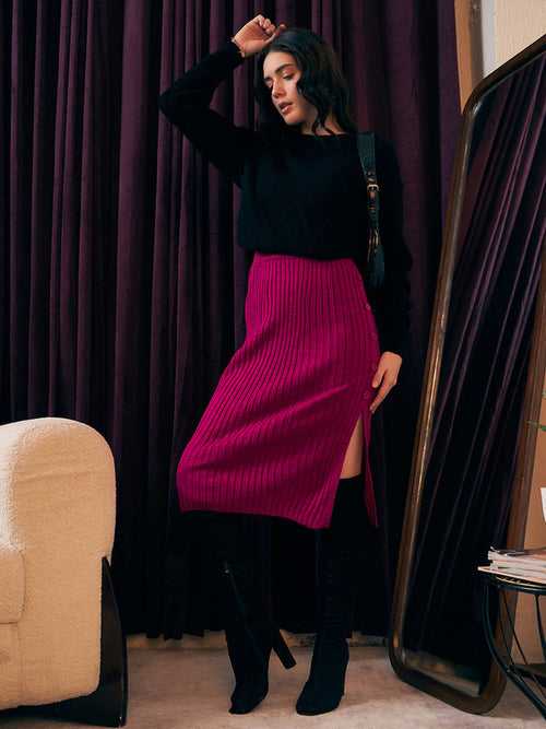 Berrylush Women Pink Solid Side Slit Acrylic Straight Skirt