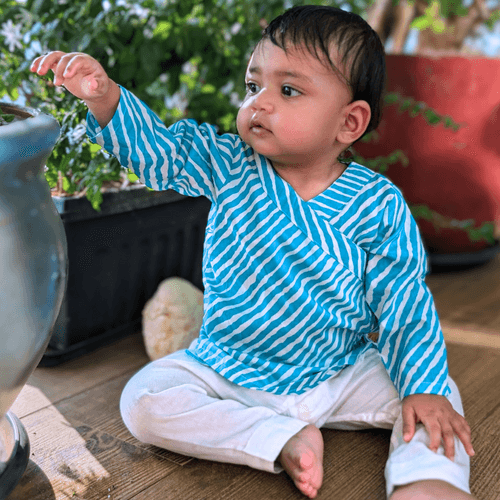 Cotton Muslin Baby Angrakha Jhabla | Leheriya Blue