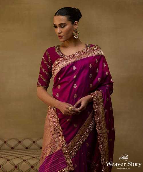 Purple Handloom Pure Katan Silk Banarasi Saree With Embroidered Red Scallop Border