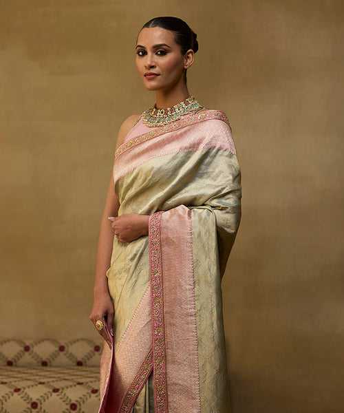 Handloom Pastel Green Pure Katan Silk Banarasi Saree With Embroidery On Borders