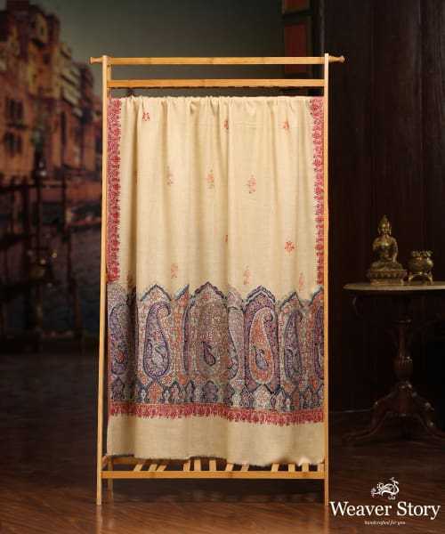 Natural Cream Handwoven Pure Pashmina Shawl With Kalamkari And Resham Sozni Kari Palla