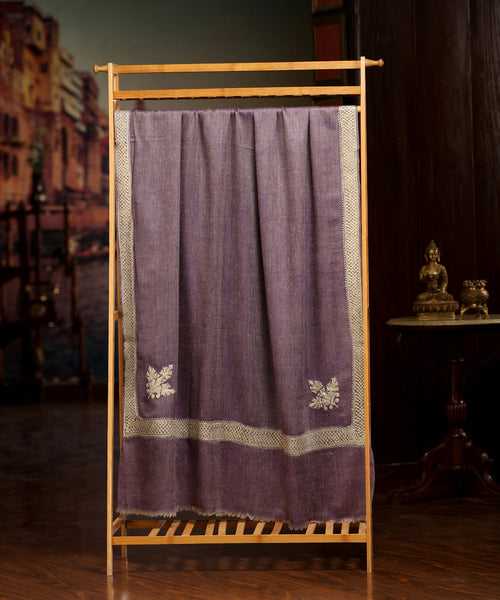 Purple Handwoven Pure Pashmina Shawl With Silver Zari Tilla Border And Palla