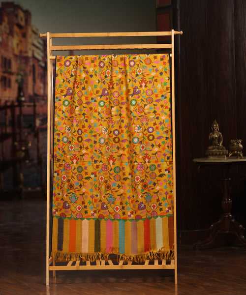 Mustard Handwoven Pure Pashmina Shawl With All Over Kani Weave