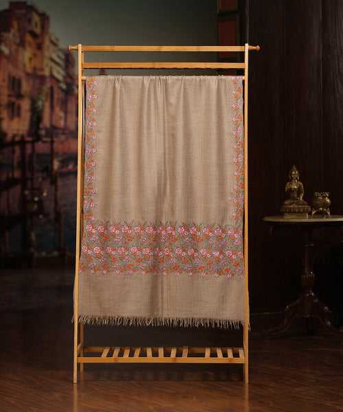 Beige Handwoven Pure Pashmina Shawl With Paper Mache Embroidery