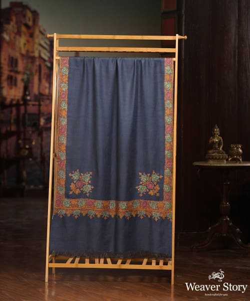 Blue Handwoven Pure Pashmina Shawl With Sozni Kari Hand Embroidery