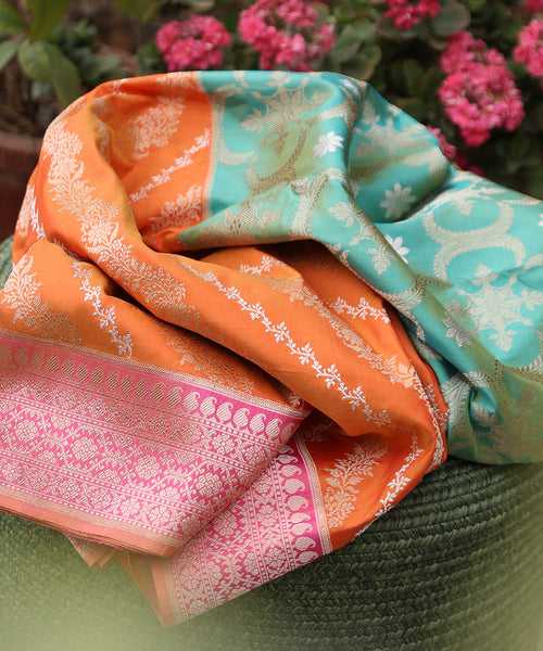 Green And Orange Handloom Pure Katan Silk Rangkaat Banarasi Dupatta With Kadhwa Weave