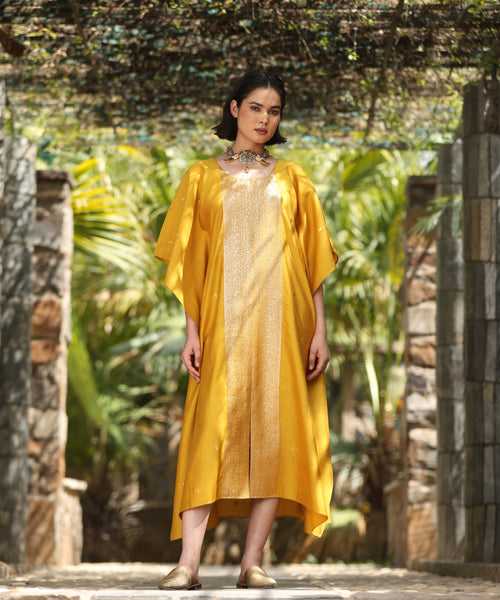 Mari Gold Yellow Handloom Pure Silk Kaftan With Benaras Borders