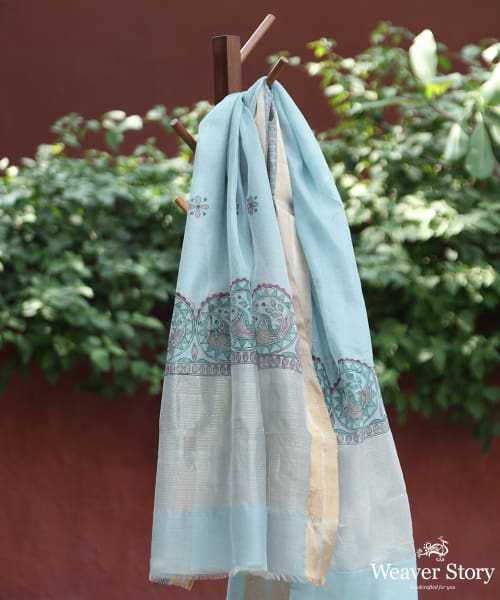 Light Blue Hand Painted Pure Chanderi Madhubani Dupatta