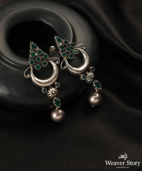 Mehran Handcrafted Oxidised Pure Silver Green Earrings