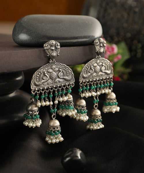 Prinjal Handcrafted Oxidised Pure Silver Green Earrings With Fresh Water Pearls