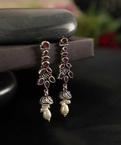 Shirin Handcrafted Oxidised Pure Silver Earrings With Ruby And Pearls