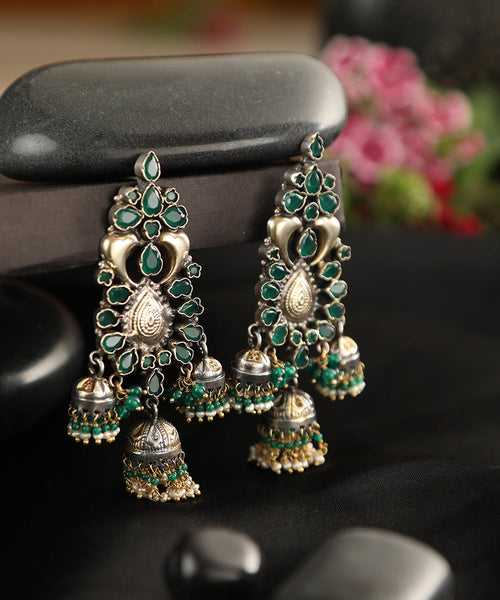 Fia Handcrafted Oxidised Pure Silver Green Earrings With Fresh Water Pearls