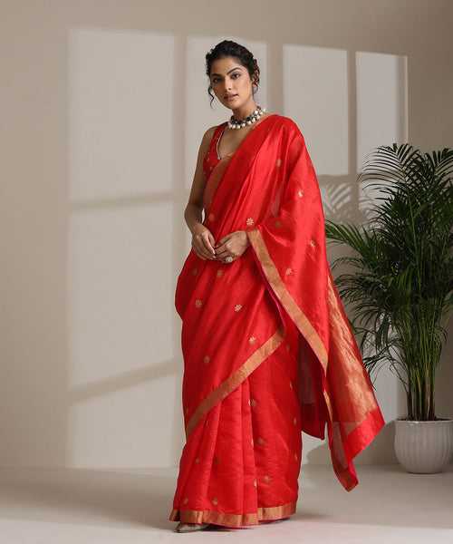 Red Handloom Pure Chanderi Silk Saree With Pure Silk Finishing