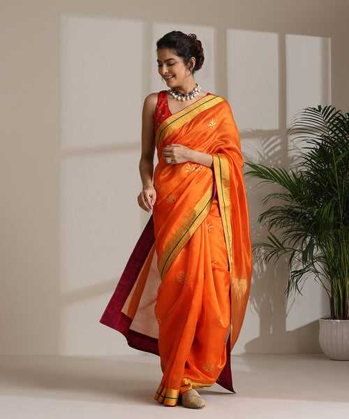 Orange Handloom Pure Chanderi Silk Saree With Pure Silk Finishing