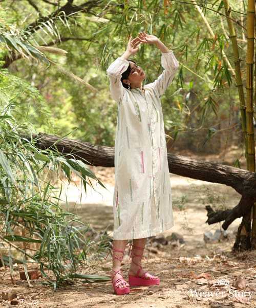 White Handloom Pure Chanderi Handblock Printed Dress With Hand Embroidered Kantha Details