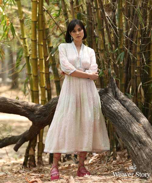 White Hand Printed Pure Handloom  Chanderi Dress With Puff Sleeves And Gathers