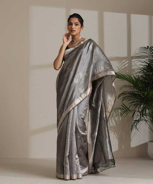 Handloom Grey Pure Chanderi Silk Saree With Silver Zari Peacock Motif