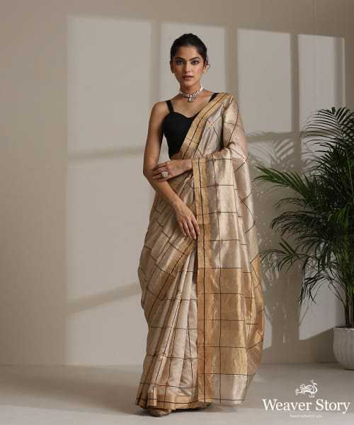 Beige Handloom Pure Silk Chanderi Saree With Black Checks And Zari Booti